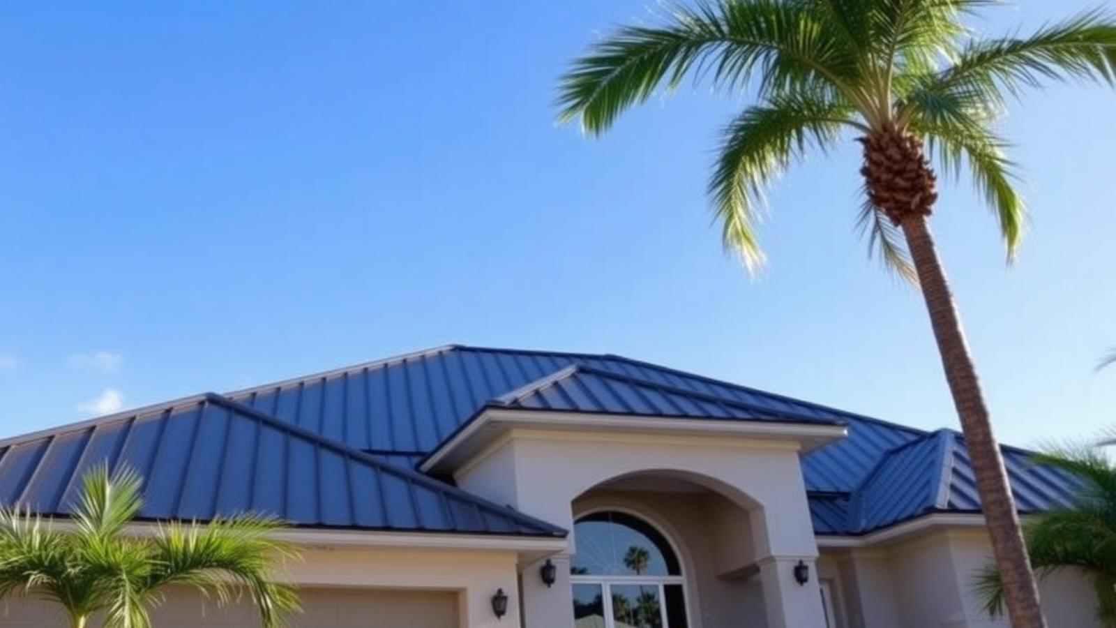 Standing seam metal roof on a South Florida home with palm trees