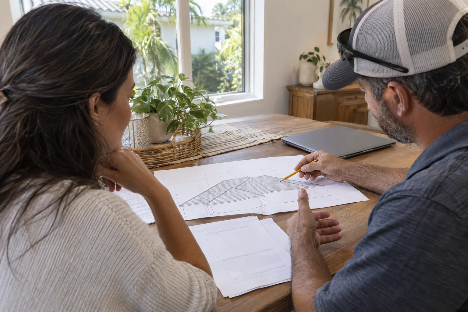 Illustration of a homeowner and building professional reviewing roof drawings and permit paperwork