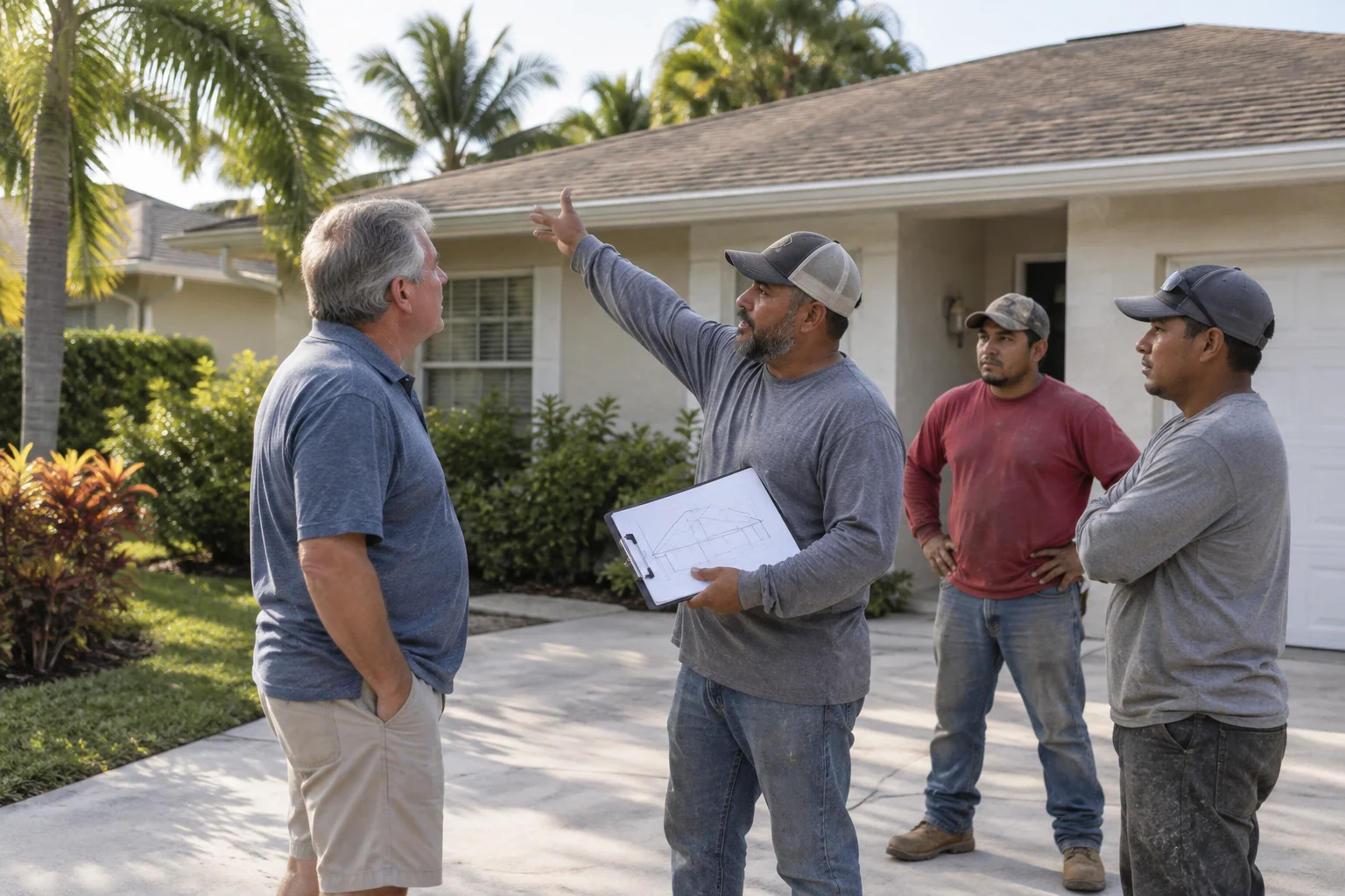 Illustration of a homeowner, roofing foreman and crew discussing a roof plan outside a house