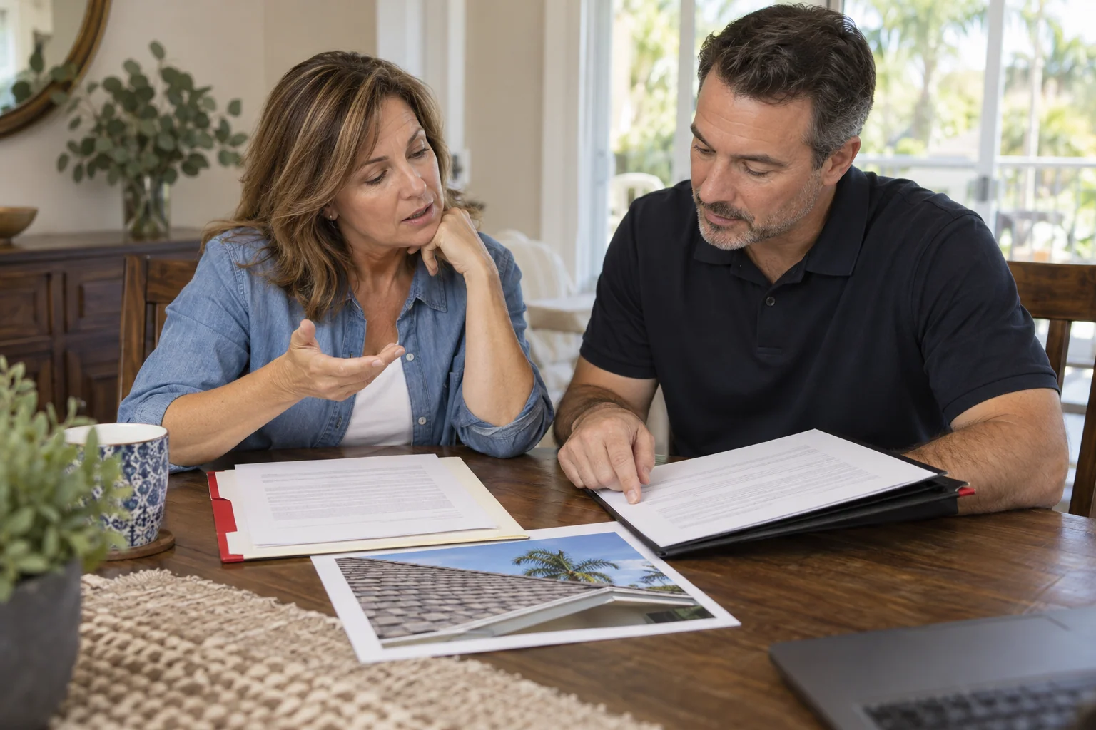 Illustration of a homeowner and adviser reviewing insurance documents at a table