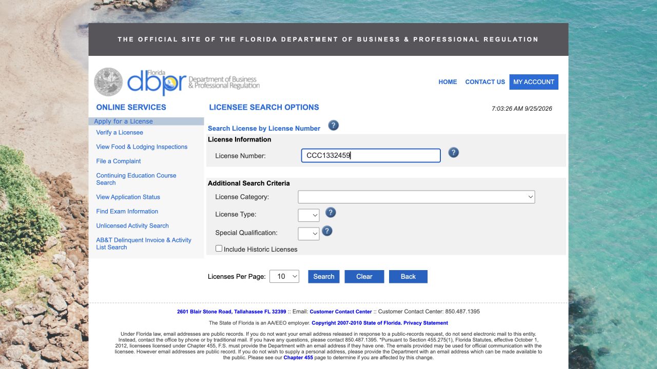 Florida DBPR license-number search screen used to look up a roofing contractor