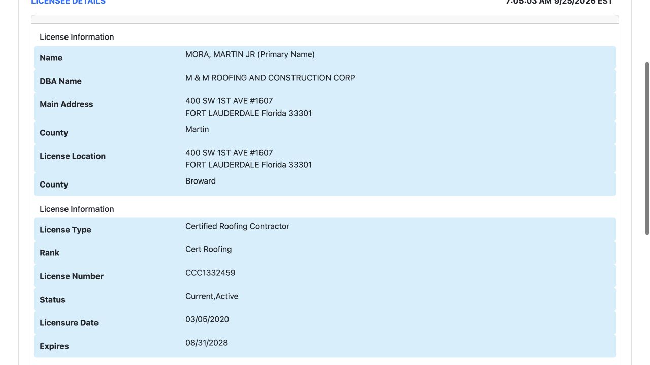DBPR record for roofing license CCC1332459 showing the qualifier, M & M Roofing and Construction Corp, Current Active status and expiration date