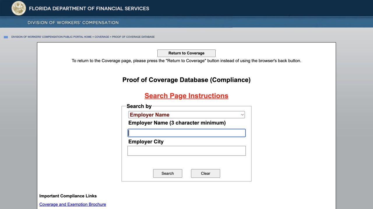 Florida Division of Workers’ Compensation Proof of Coverage search screen