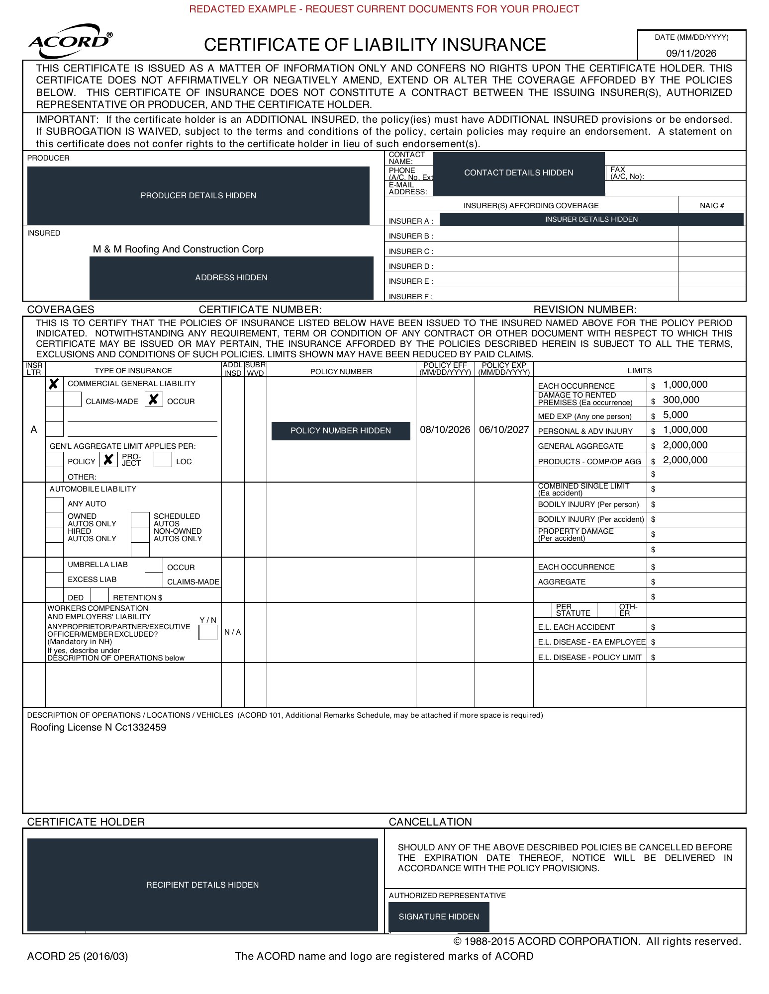 Redacted M&M general liability certificate example showing the insured business, populated liability coverage section, dates and limits