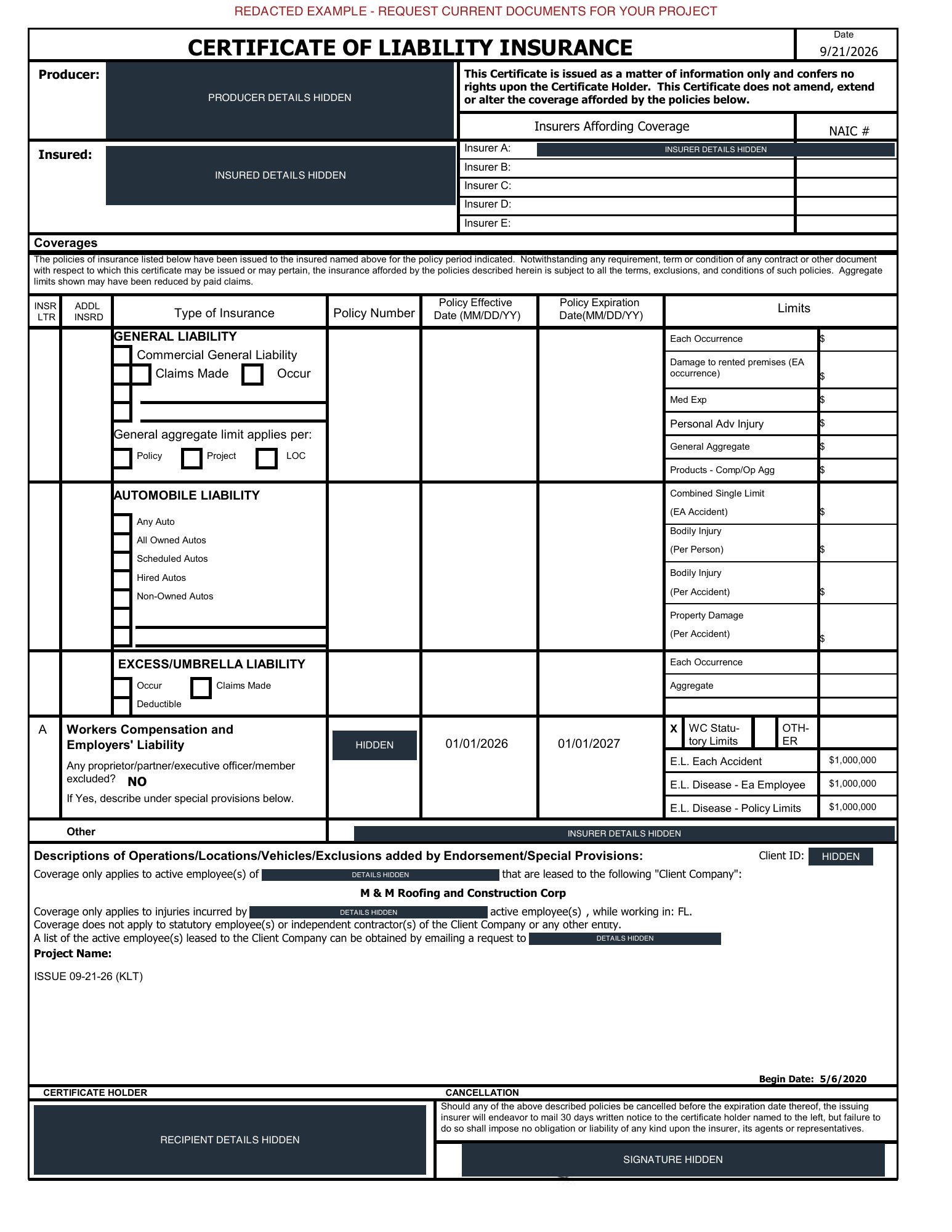 Redacted workers’ compensation certificate example showing coverage through a personnel leasing company and M&M named as its client company