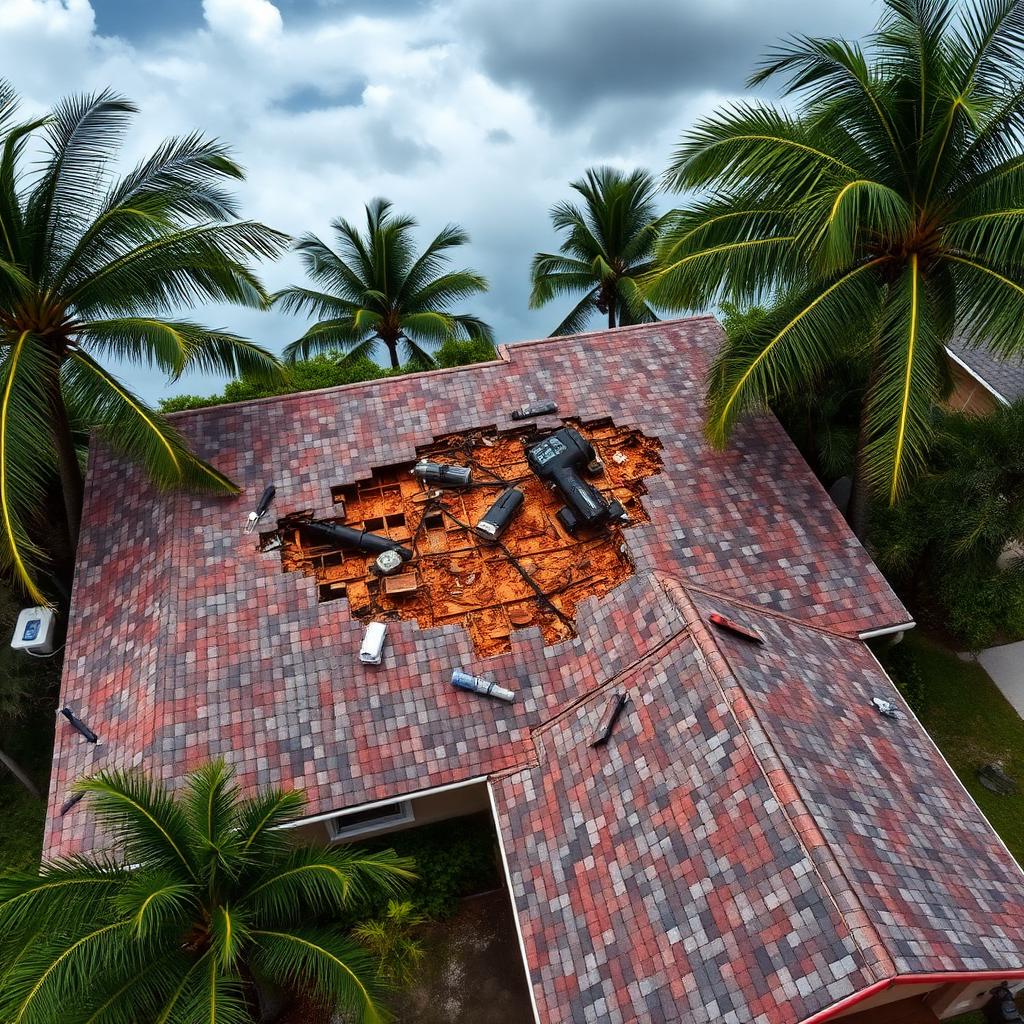 Aerial view of a South Florida home with hurricane roof damage, missing shingles and exposed decking