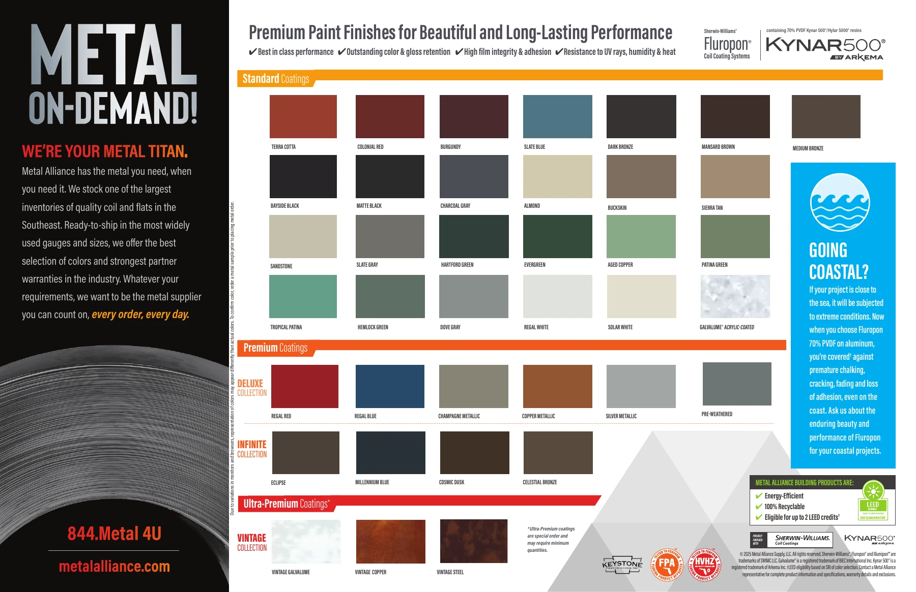 Metal Alliance Fluropon PVDF chart showing standard colors and Deluxe, Infinite and Vintage finish collections; open the PDF for full-size names and availability