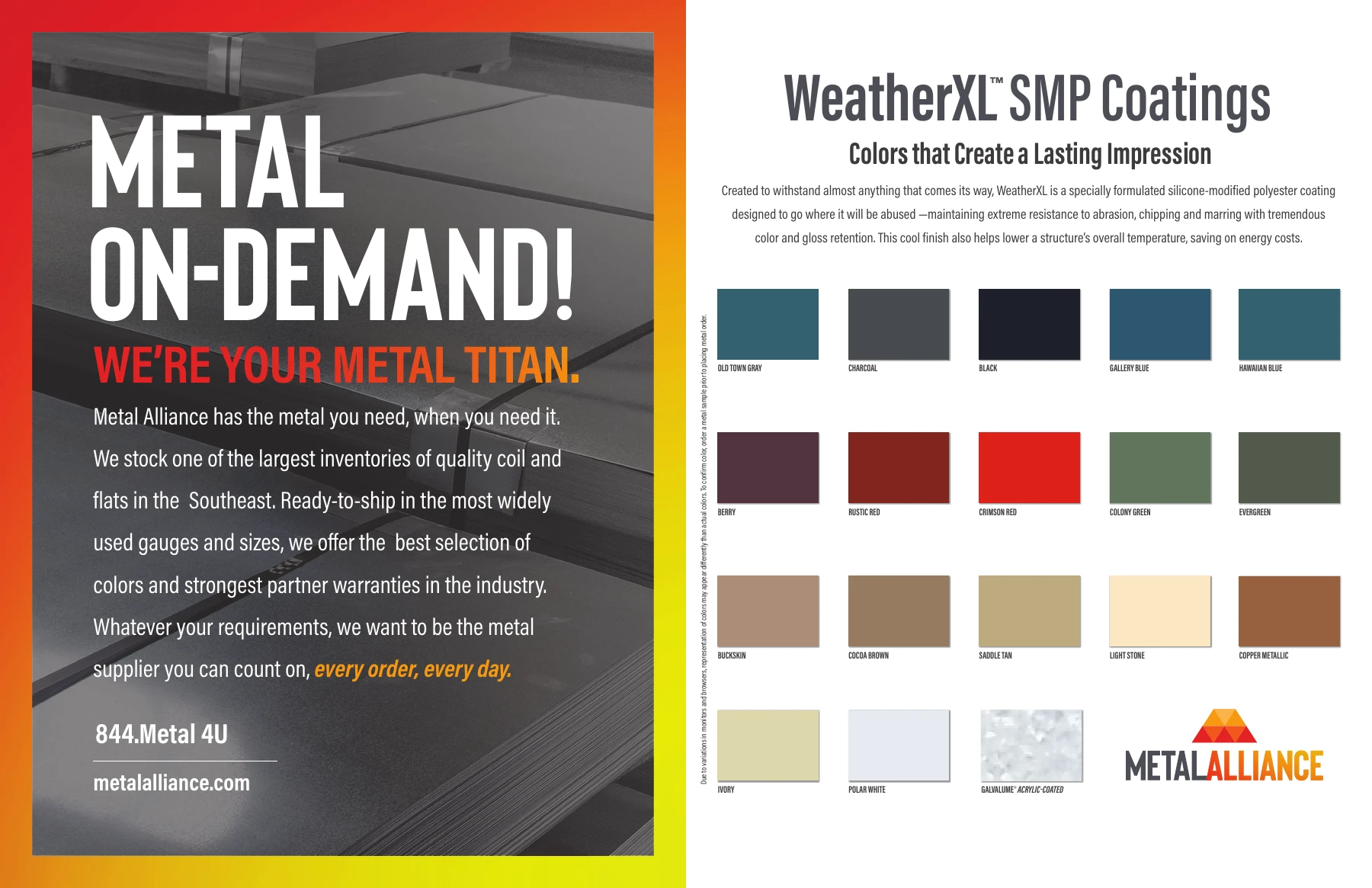 Metal Alliance WeatherXL SMP color chart; open the original PDF for full-size color names