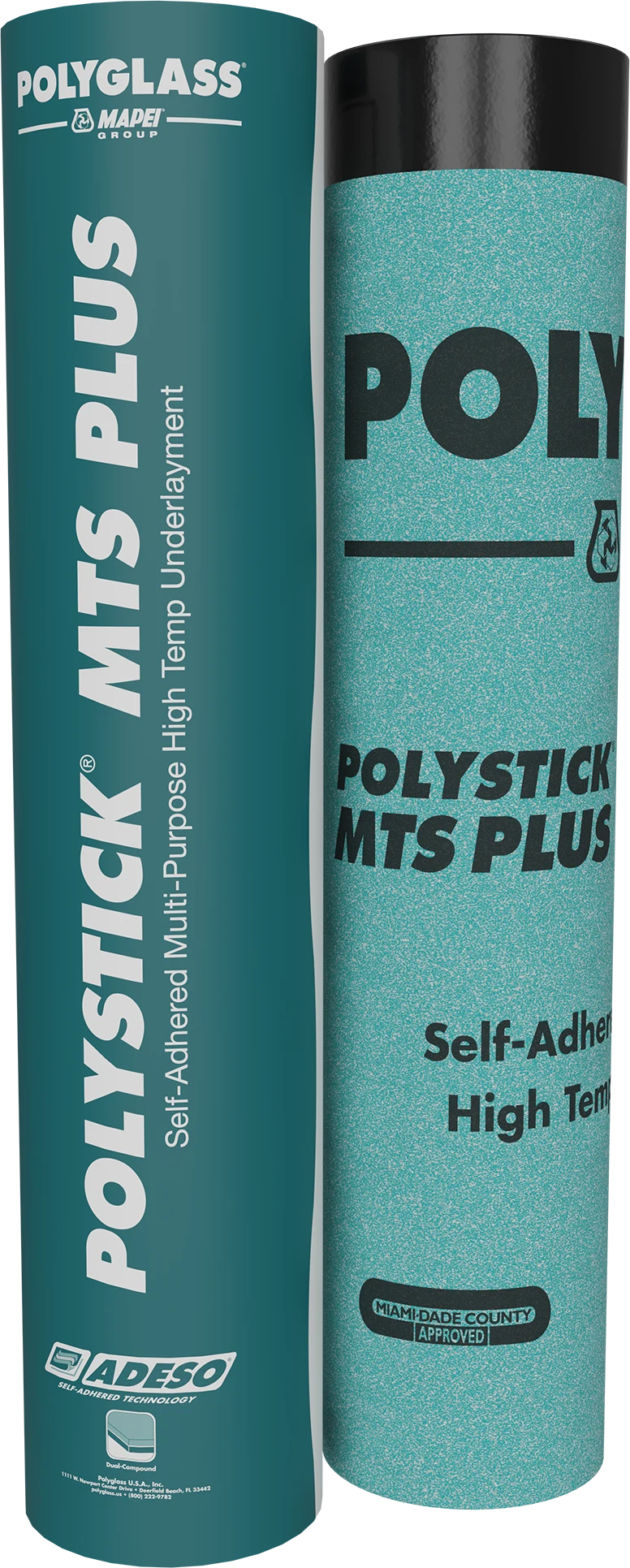 Polyglass Polystick MTS Plus high-temperature self-adhered underlayment, shown as a wrapped roll and exposed membrane roll.