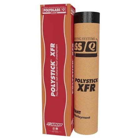 Polyglass Polystick XFR fire-resistant self-adhered underlayment roll and product box.