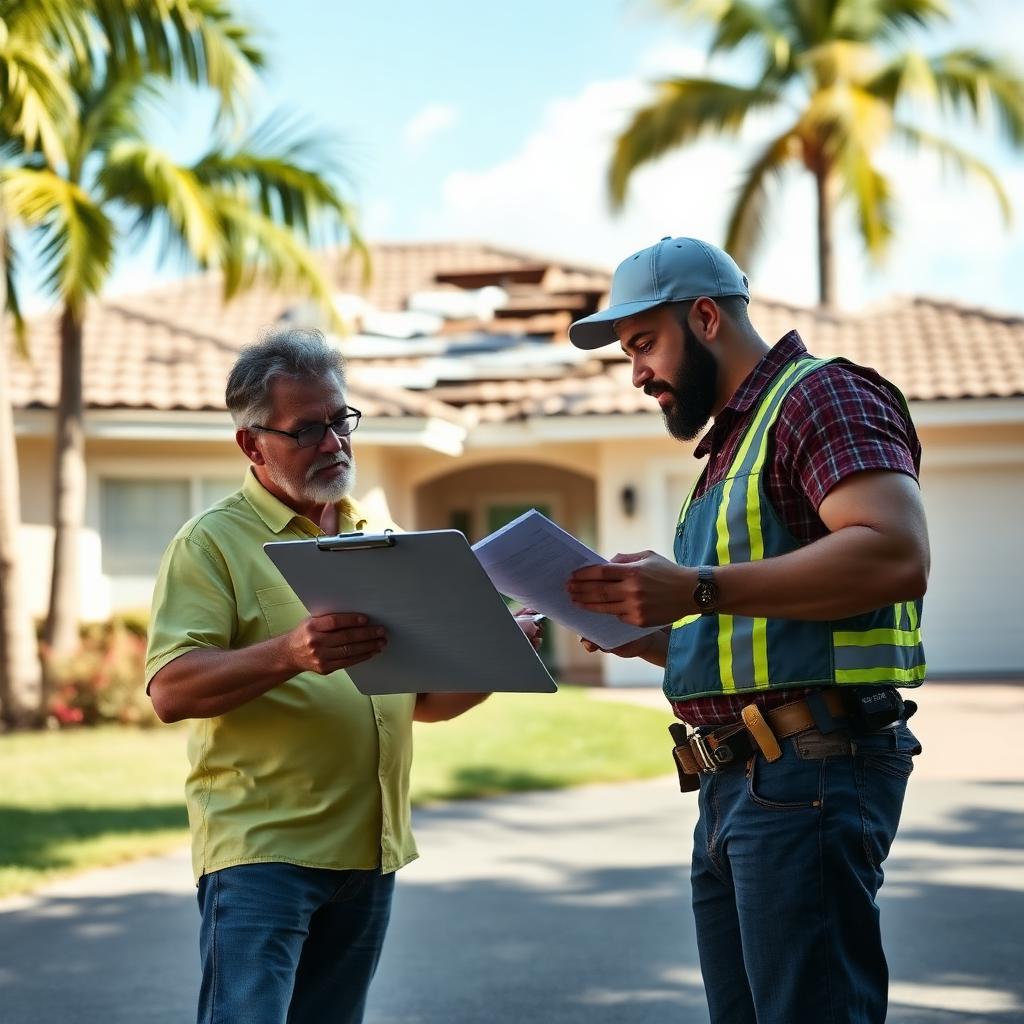 Florida homeowner and licensed roofing contractor reviewing a roof insurance claim on a clipboard