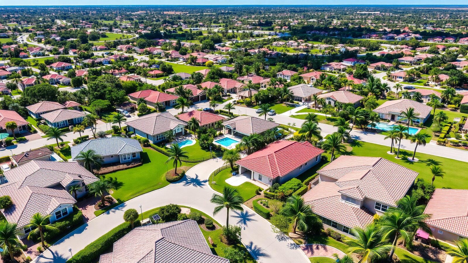 Aerial view of a Coral Springs Florida neighborhood with tile roofs and palm trees