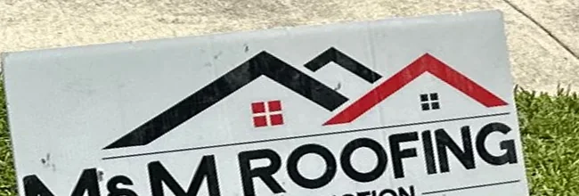 M&M Roofing jobsite sign during an asphalt shingle roof replacement in Deerfield Beach, Florida.
