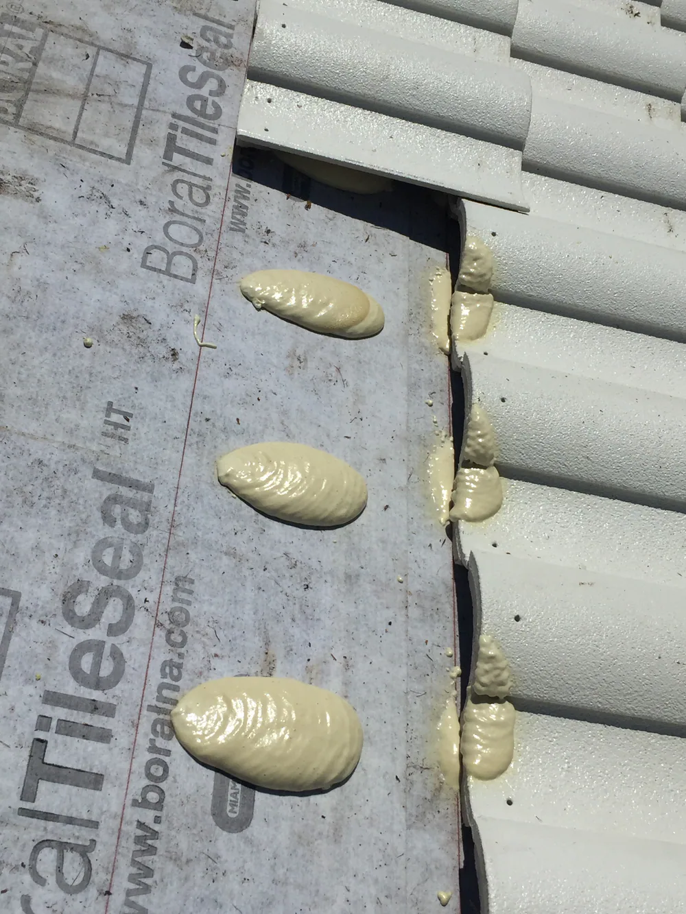 Medium APOC Polyset roof tile adhesive paddies beside flat-profile concrete tiles on roof underlayment.