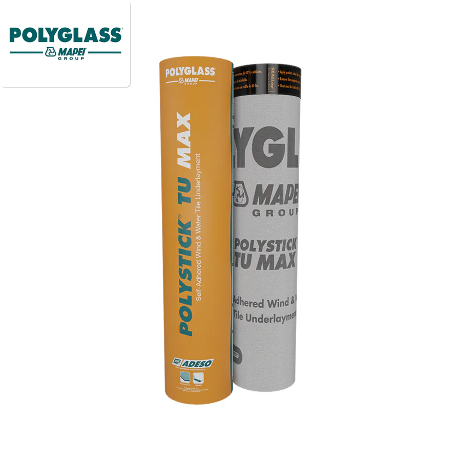 Manufacturer reference image of Polyglass Polystick TU MAX self-adhered tile underlayment rolls.