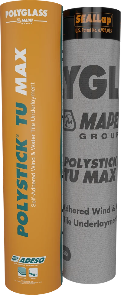 Polyglass Polystick TU MAX rolls showing the yellow packaging and gray underlayment membrane
